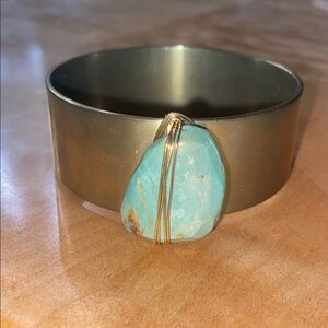 Green Turquoise Genuine Raw Stone Brass Statement Bangle Cuff Bracelet Wire Wrap